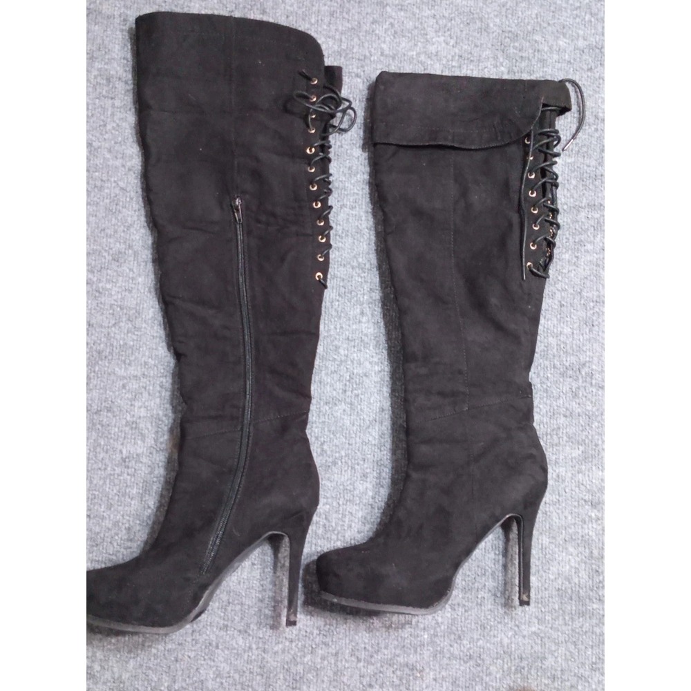 Women's Black Over The Knee Boots Size 8.5 Faux Suede Lace Up Stiletto Heels